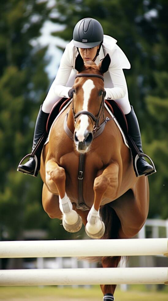 AI generated A rider and horse soaring over a series of jumps in an equestrian competition photo