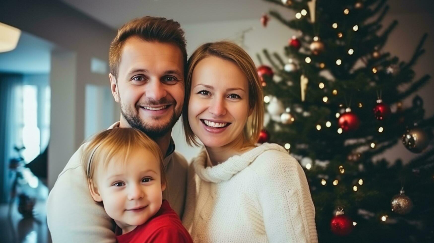 AI generated happy family near christmas tree photo