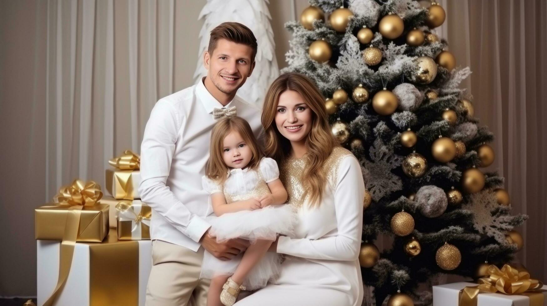 AI generated happy family near christmas tree photo