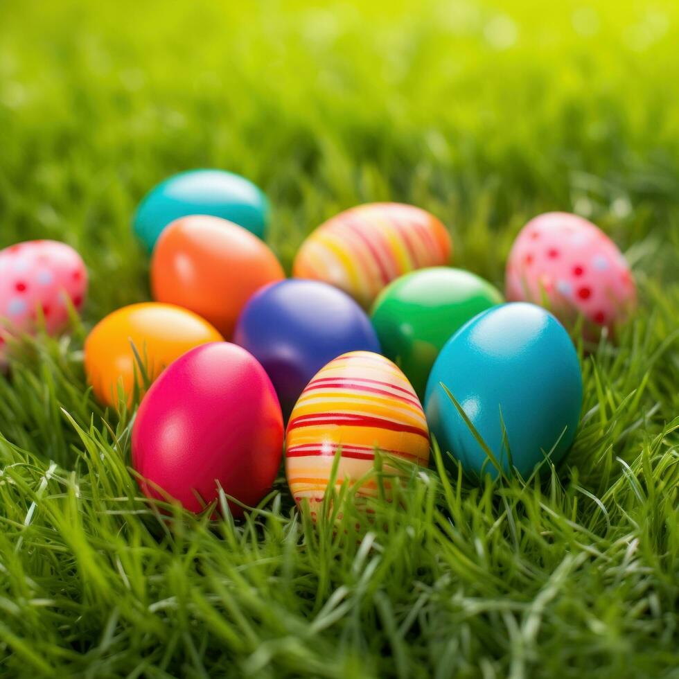AI generated A vibrant green grass background with colorful Easter eggs scattered throughout photo
