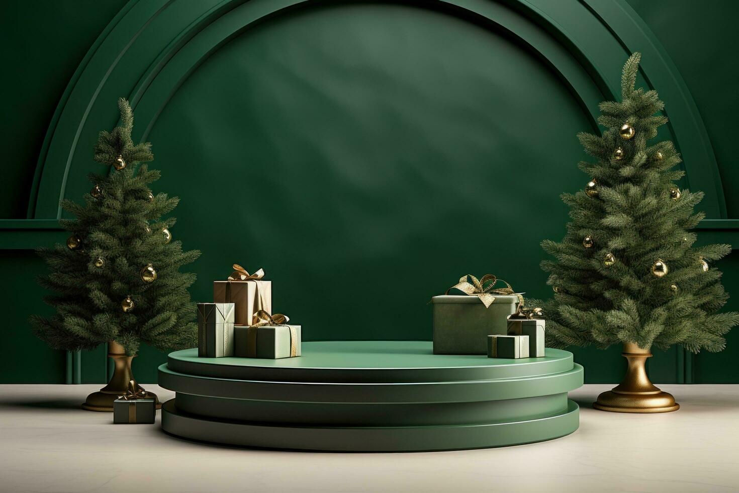 AI generated green round pedestal with christmas trees and christmas gifts photo