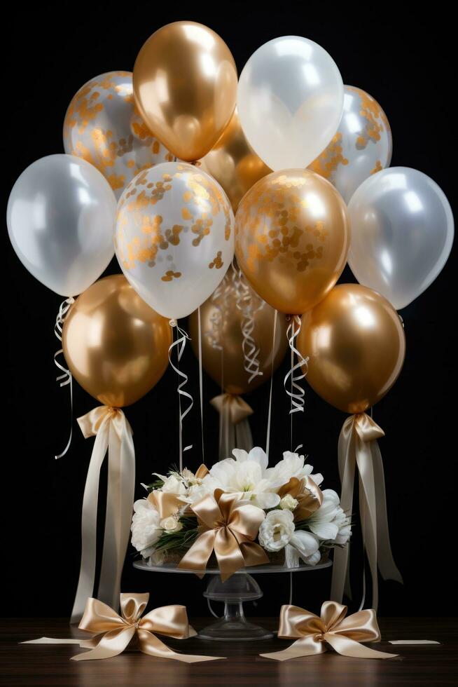 AI generated elegant gold and white balloon display set against a dark background photo