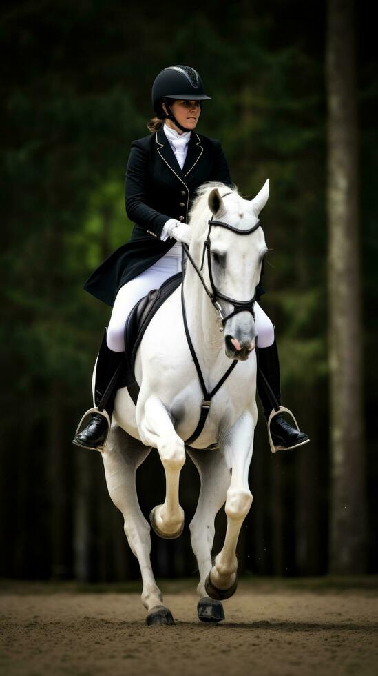 AI generated A beautiful shot of a horse and rider in full dressage regalia, executing a perfect jump photo