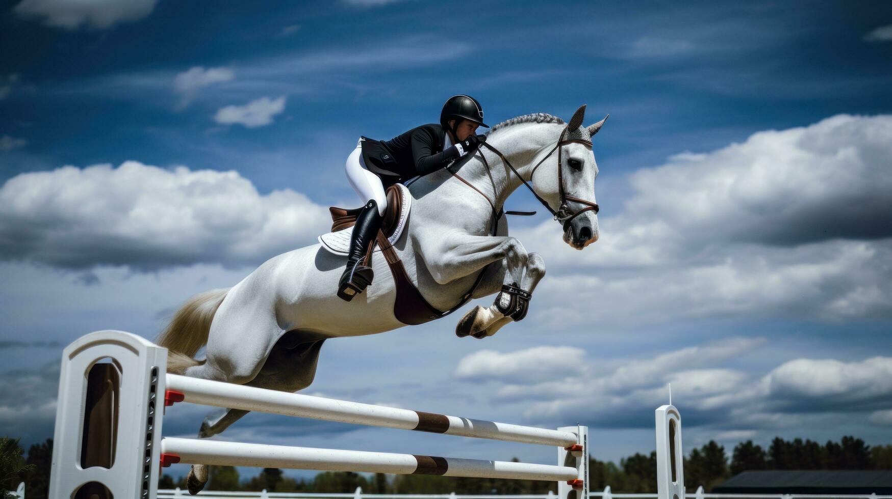 AI generated A rider and horse soaring over a series of jumps in an equestrian competition photo