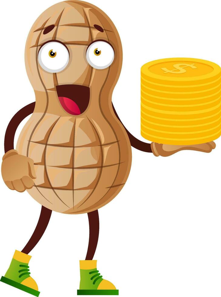 Peanut character with coins vector