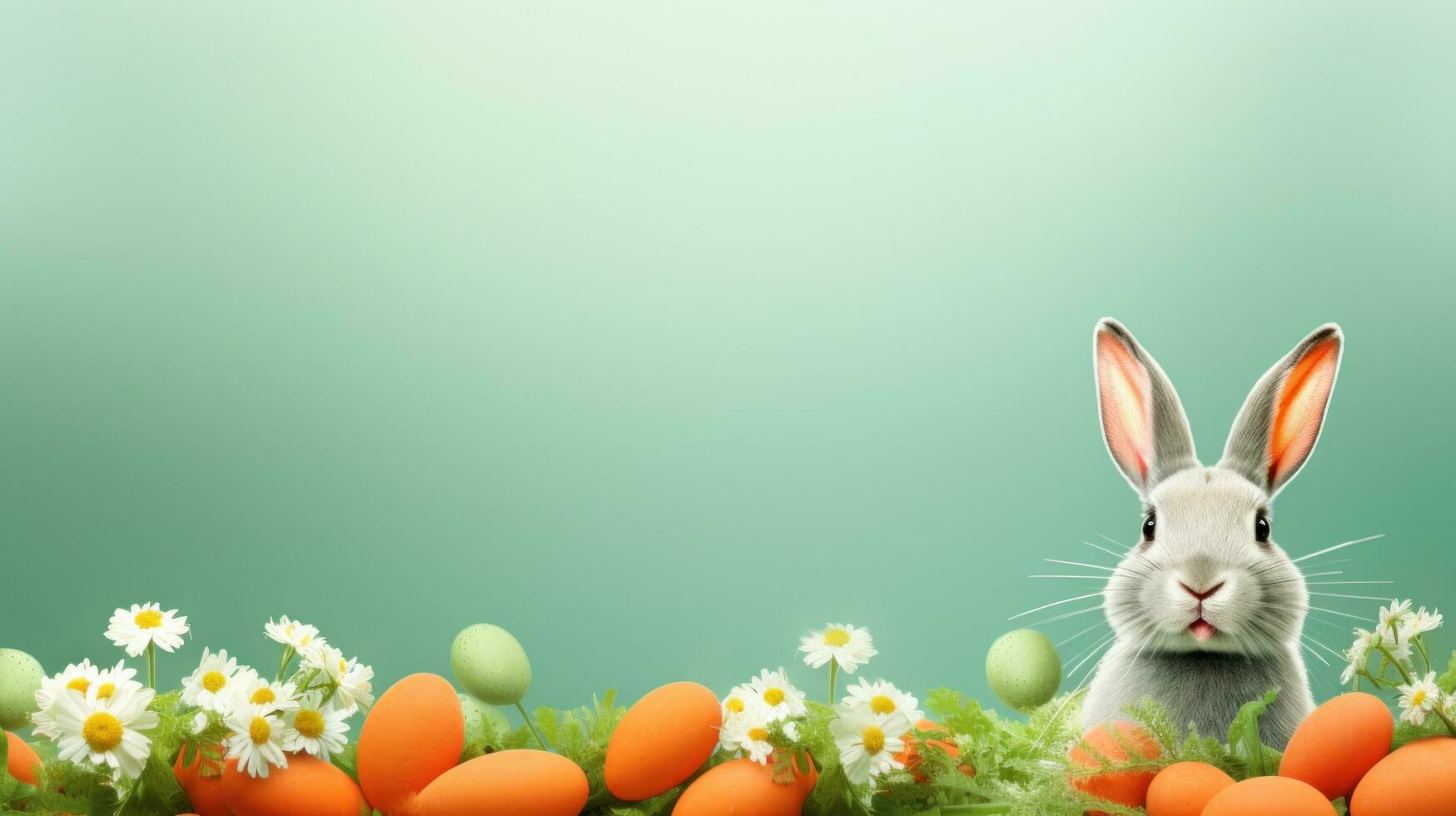 AI generated green background with a cute and whimsical Easter bunny in the center, surrounded by spring flowers photo