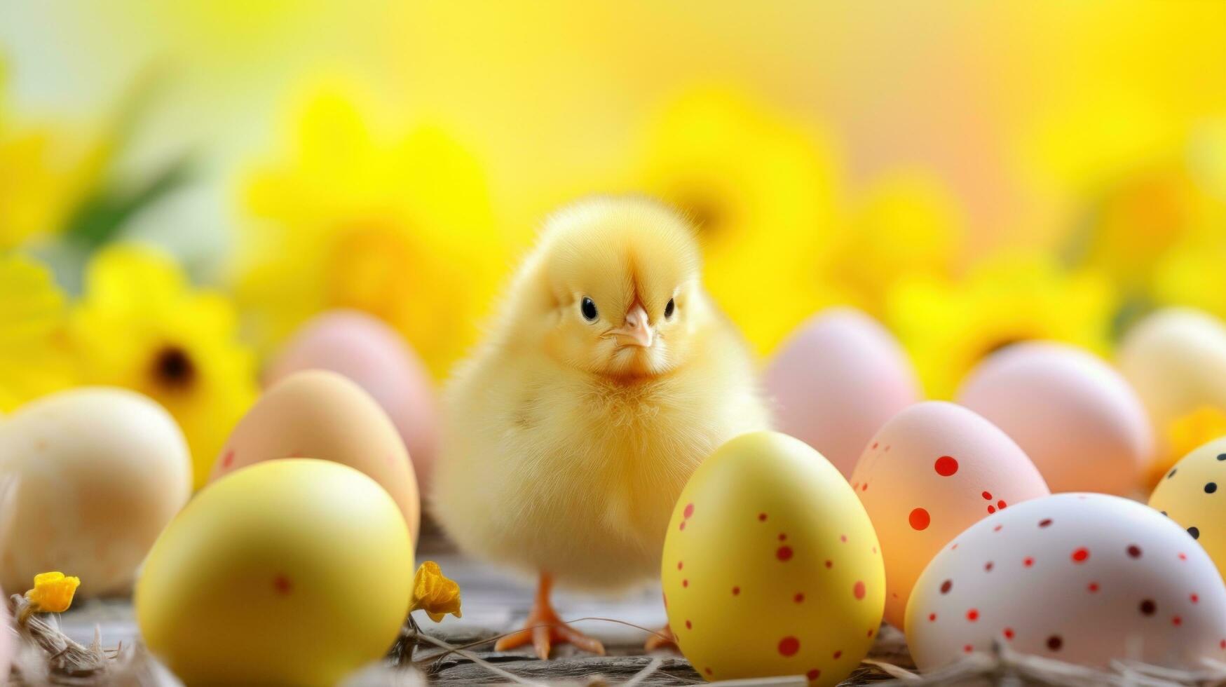 AI generated A playful background with bright yellow Easter chicks and colorful eggs, photo