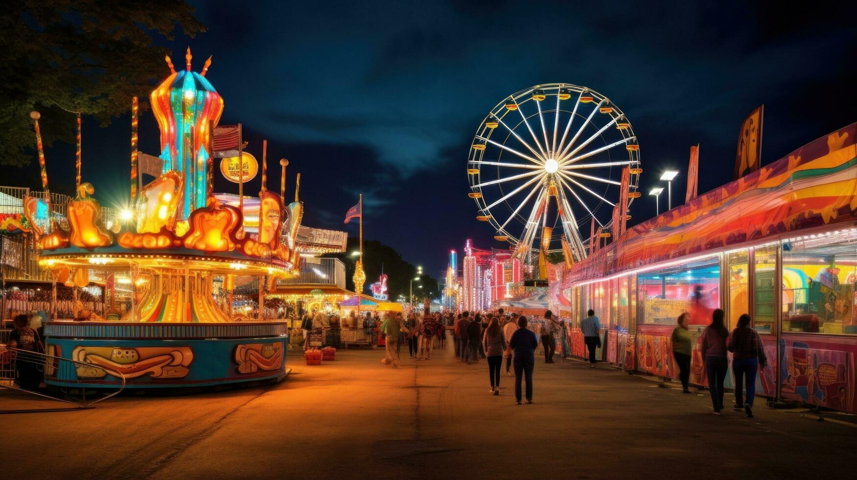 AI generated thrill of carnival rides, with bright lights and a bustling carnival atmosphere in the background. photo