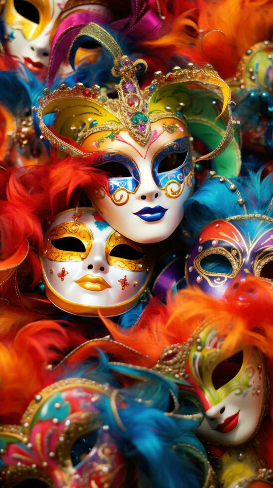 ai generado vistoso carnaval mascaras en contra un vibrante fondo, foto