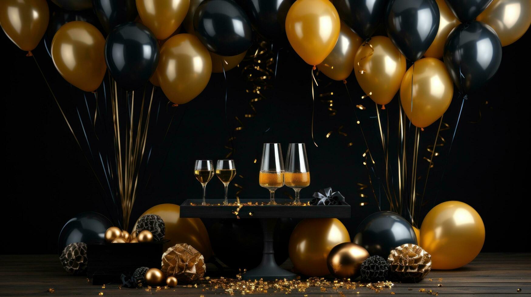 AI generated sophisticated black and gold balloon background photo