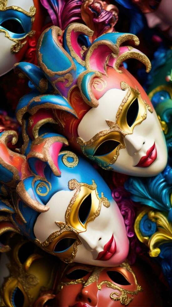 AI generated colorful carnival masks against a vibrant background, photo