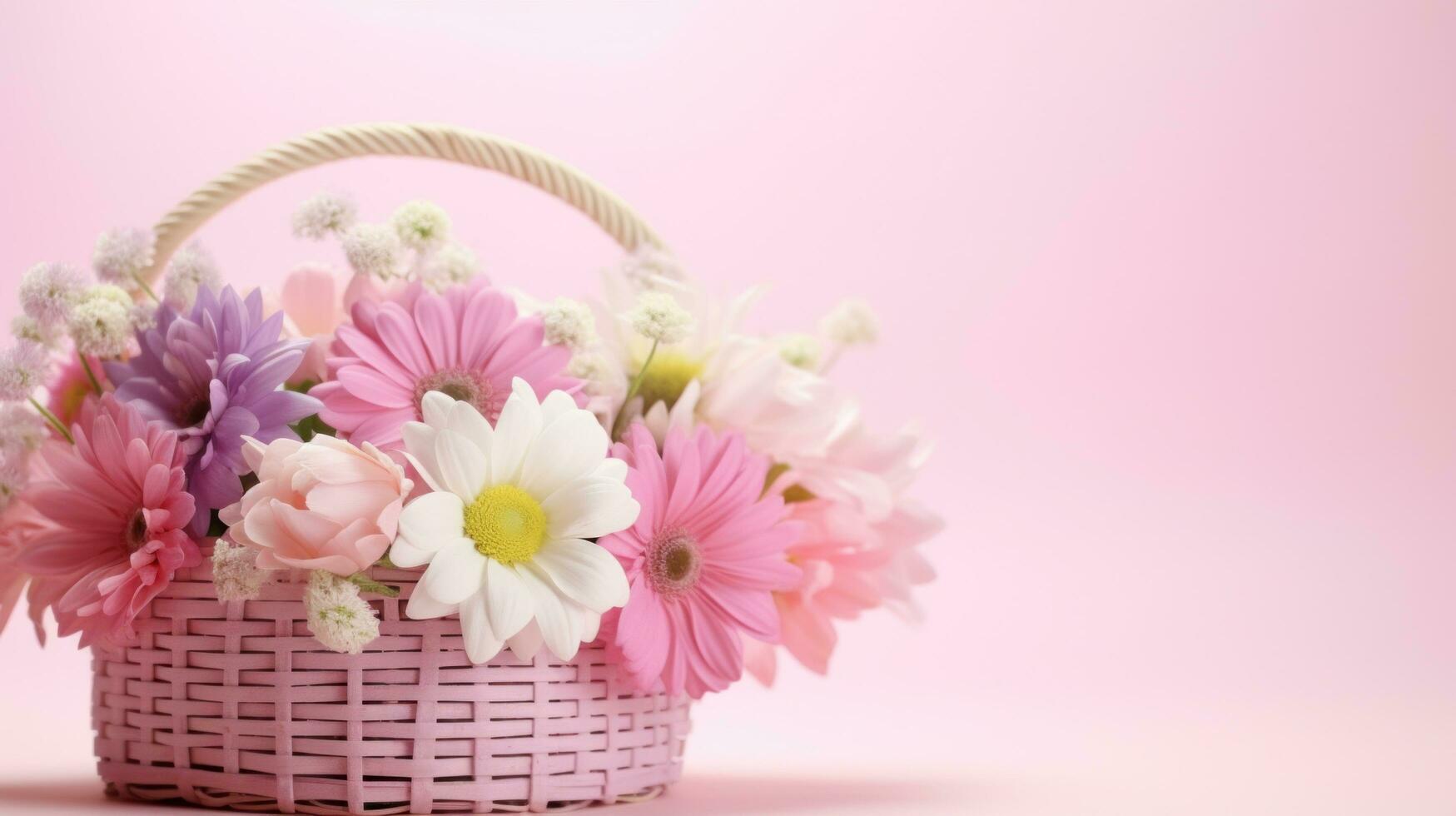 AI generated Easter basket filled with eggs andfluttering butterflies, set against a light pink background photo