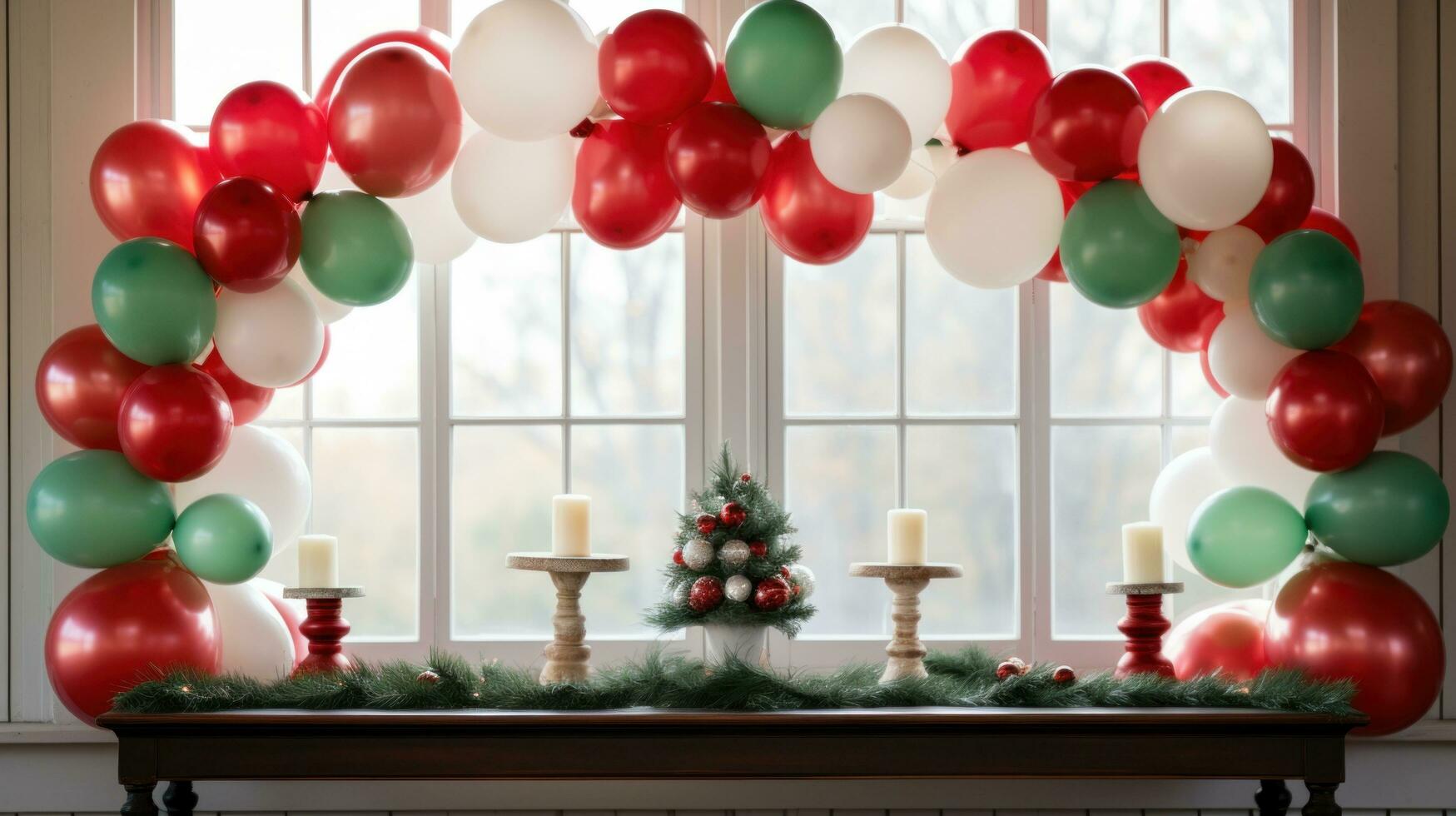 AI generated lassic red and green balloon display set against a snowy background. photo