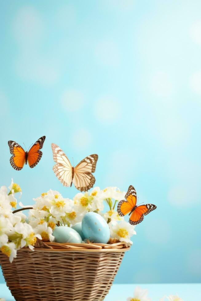 AI generated Easter basket filled with eggs andfluttering butterflies, set against a light blue background photo