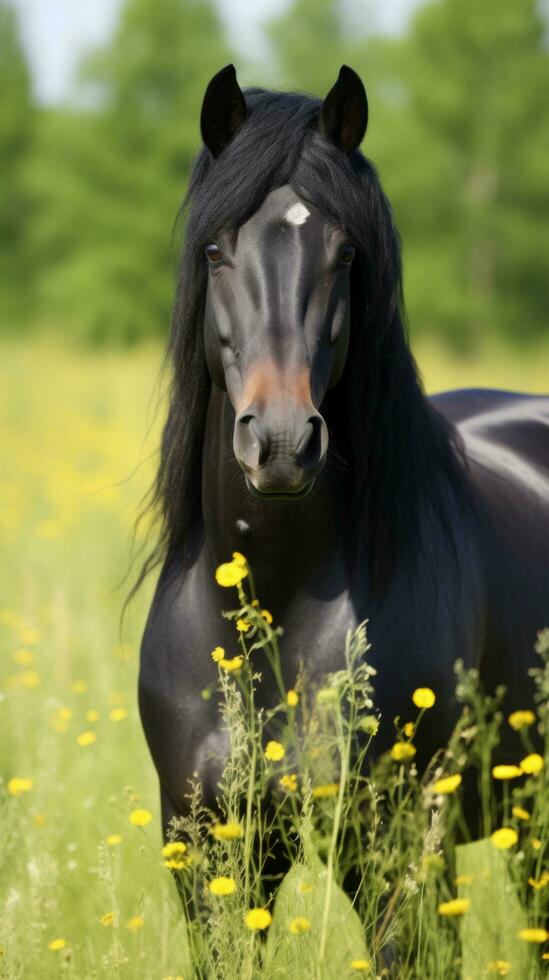 ai generado un sorprendentes negro caballo con lustroso Saco y perforación ojos, en pie en un campo de flores silvestres foto