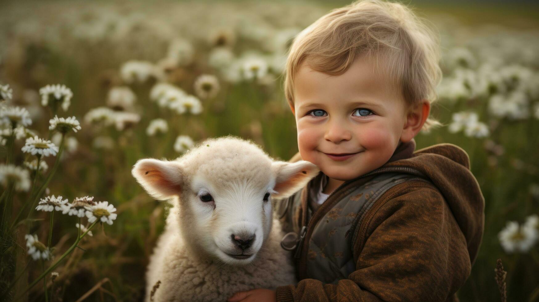 ai generado pequeño chico sentado en un campo de flores con un bebé Cordero abrazado arriba siguiente a él foto