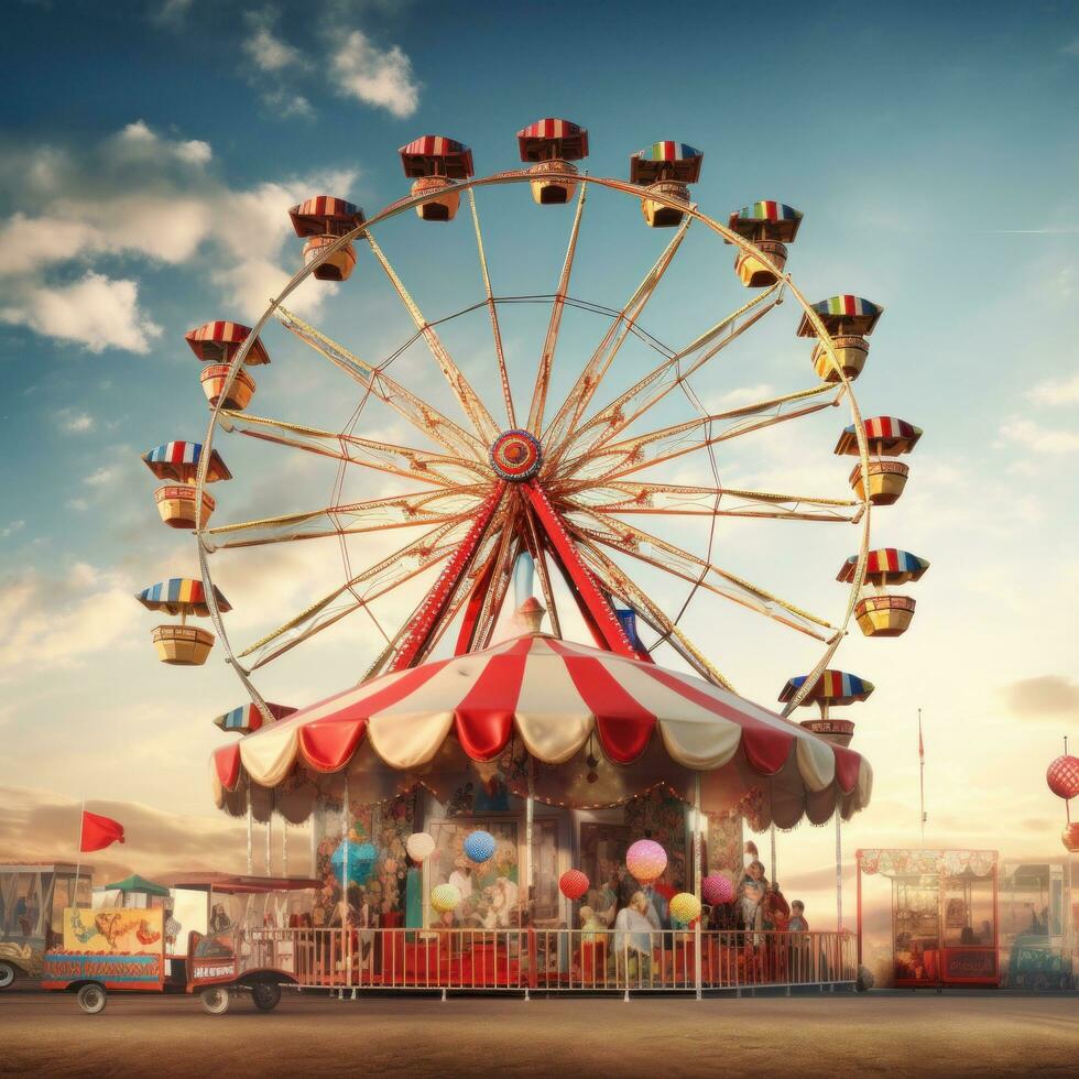 AI generated towering ferris wheel set against a lively carnival scene, perfect for showcasing your message photo