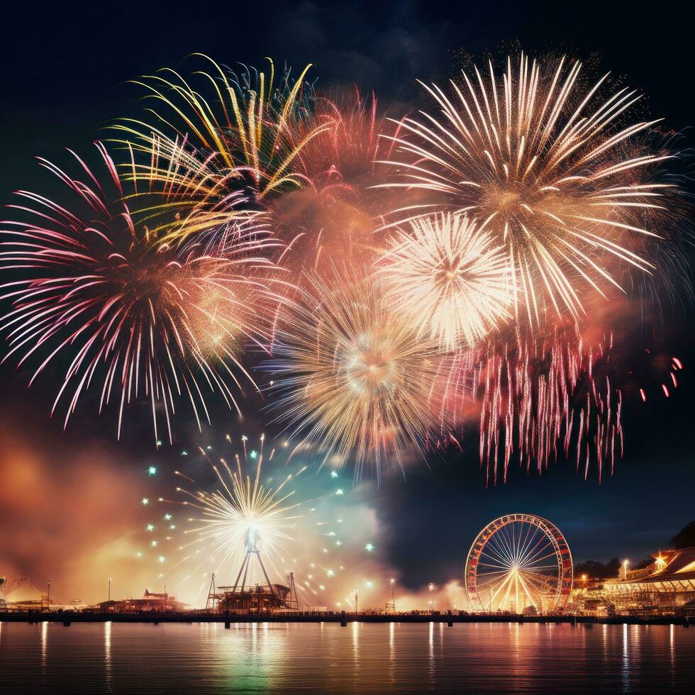 AI generated spectacular fireworks display against a carnival backdrop. photo