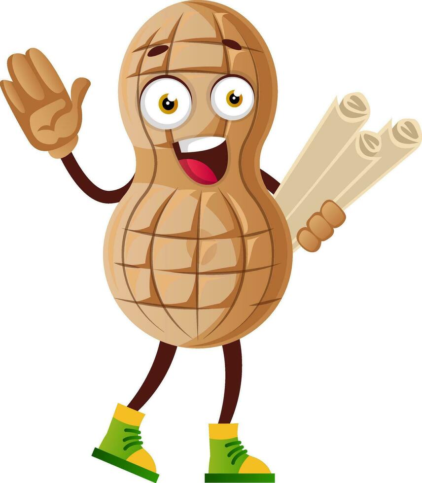 Peanut character with rolled out papers vector