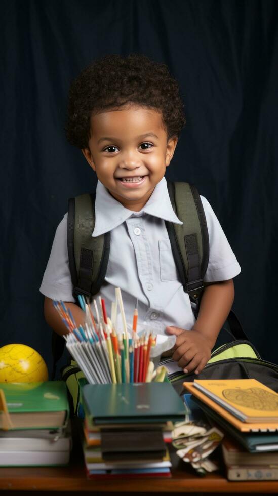 AI generated A young child holding a book and smiling, surrounded by school supplies like pencils and notebooks photo