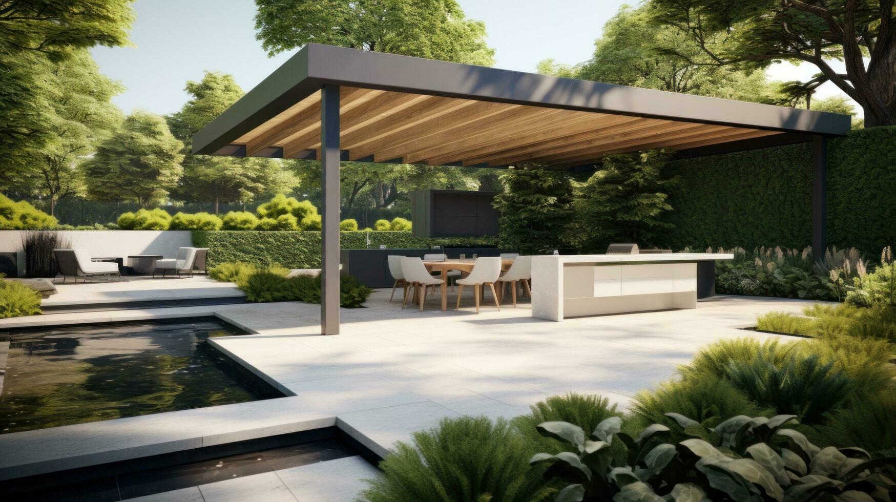 AI generated garden that seamlessly integrates with the surrounding architecture photo