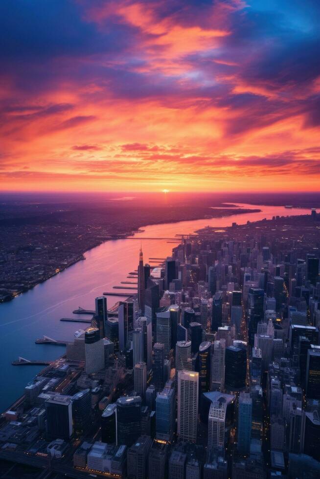 AI generated Aerial view of a city skyline taken from a plane window photo