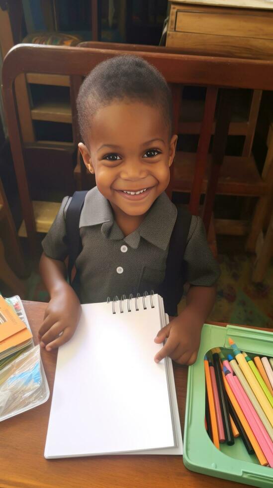 ai generado un joven niño participación un libro y sonriente, rodeado por colegio suministros me gusta lapices y cuadernos foto