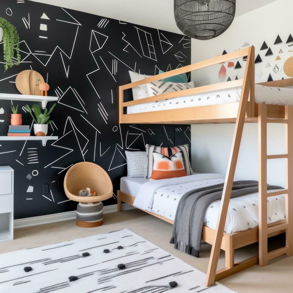 AI generated trendy children's room with a black and white wallpaper accent wall, a wooden bunk bed photo