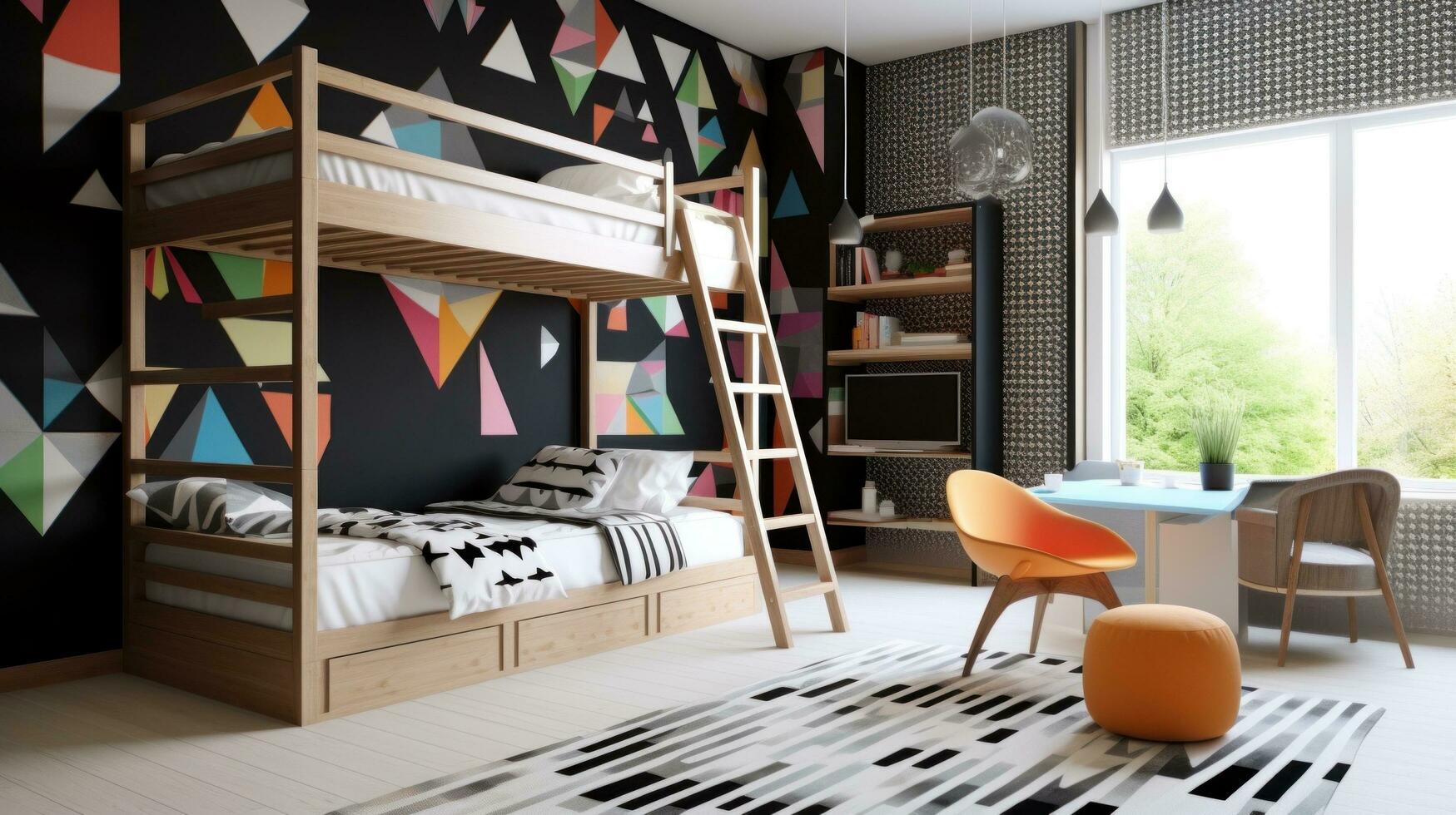 ai generado de moda para niños habitación con un negro y blanco fondo de pantalla acento muro, un de madera litera cama foto