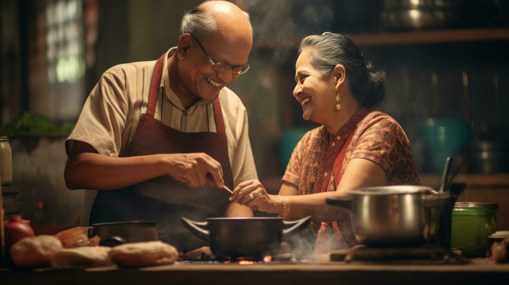 AI generated A touching stock photo of an old couple cooking breakfast together in their traditional kitchen