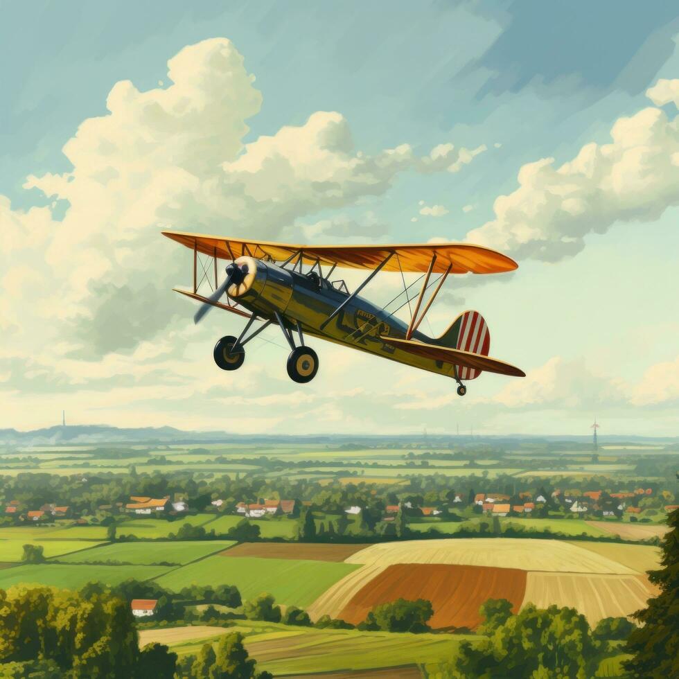 AI generated A vintage biplane flying over a rural landscape, with green fields and blue skies in the background photo
