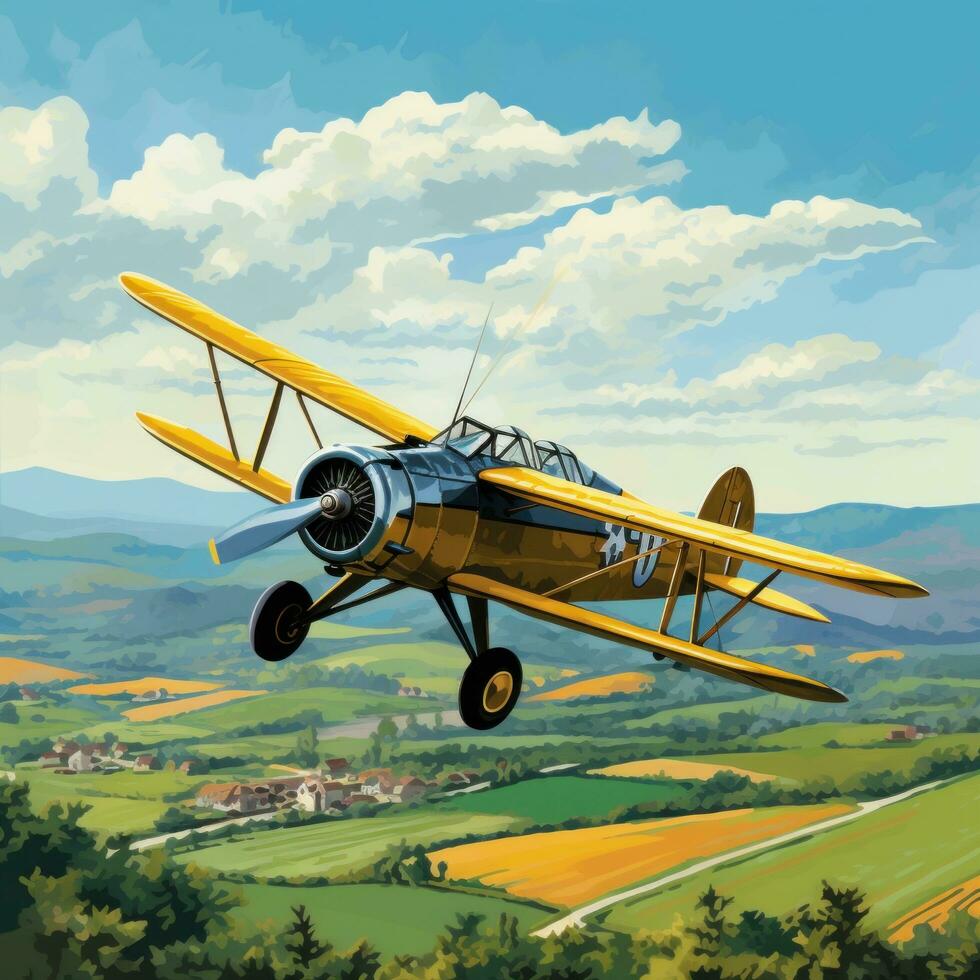 AI generated A vintage biplane flying over a rural landscape, with green fields and blue skies in the background photo