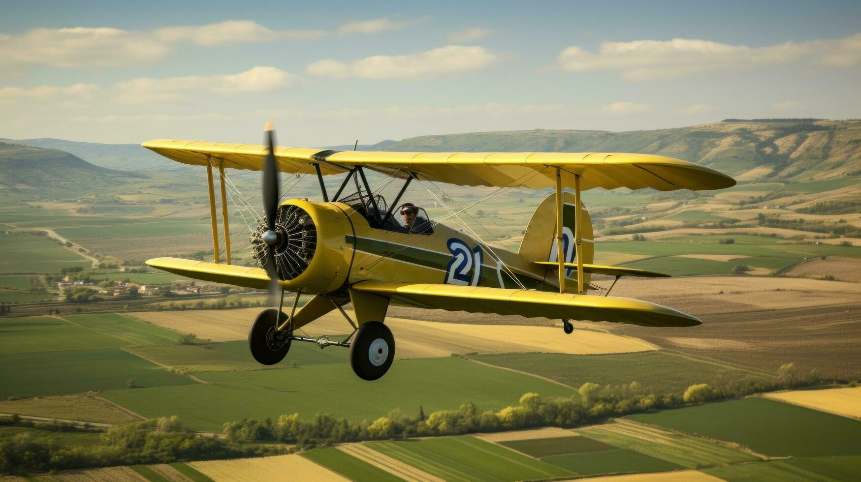 AI generated A vintage biplane flying over a rural landscape, with green fields and blue skies in the background photo