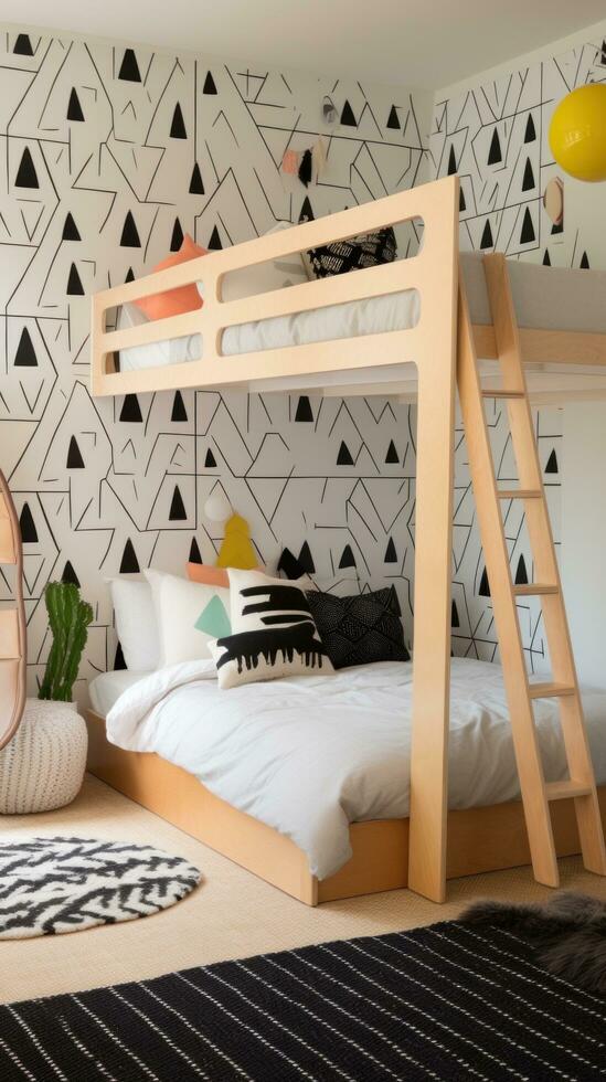 AI generated trendy children's room with a black and white wallpaper accent wall, a wooden bunk bed photo