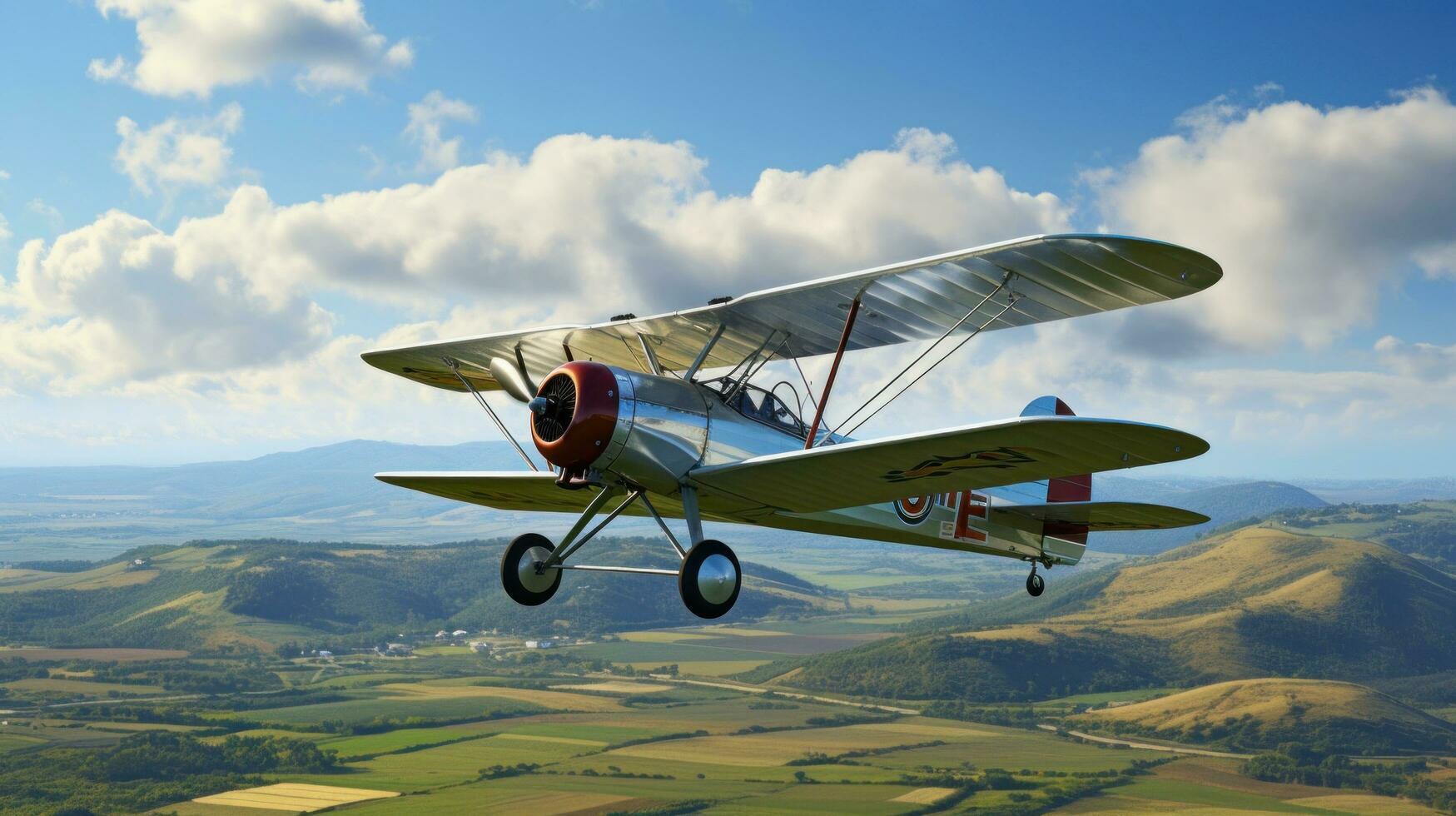 AI generated A vintage biplane flying over a rural landscape, with green fields and blue skies in the background photo