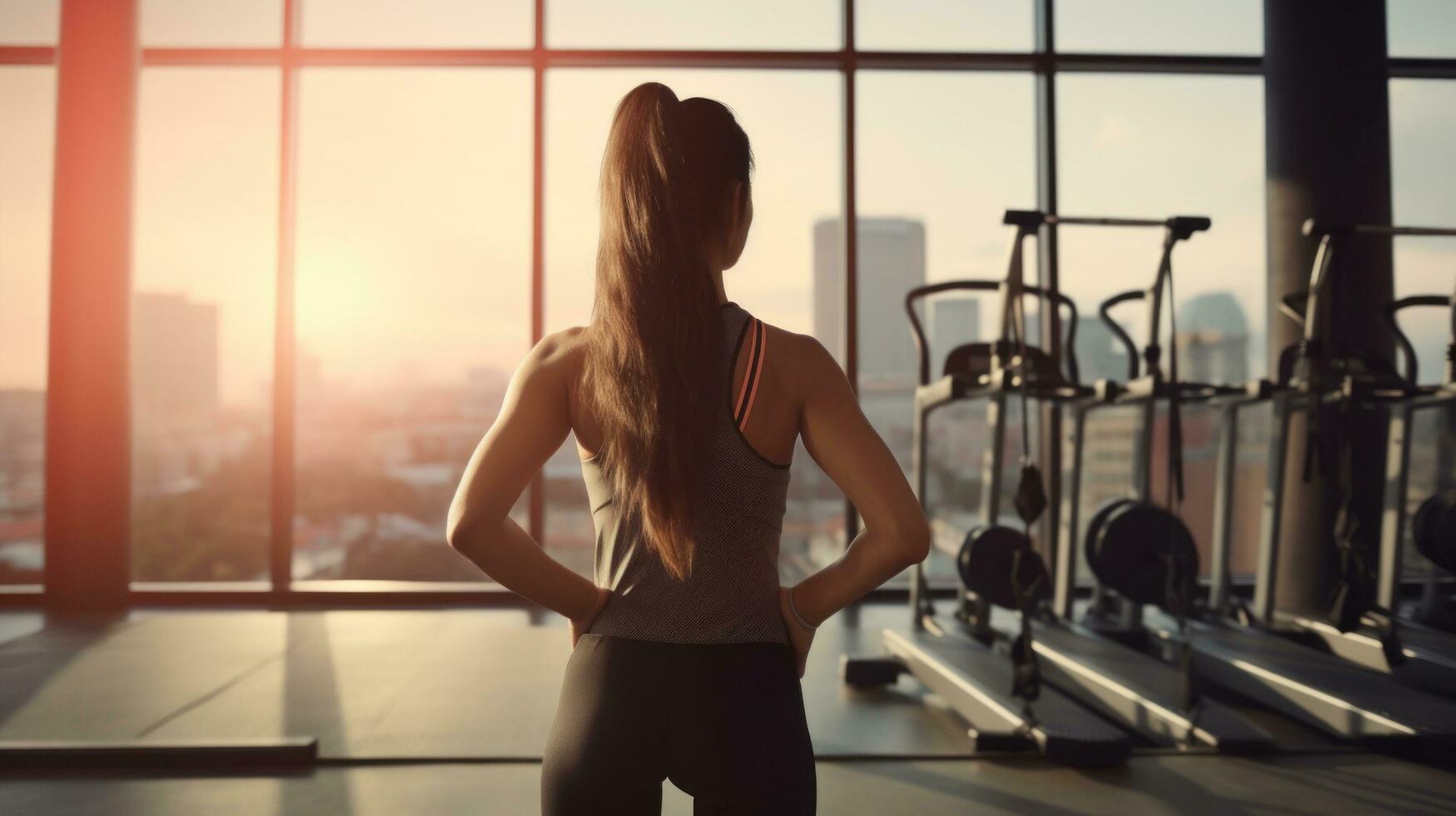 AI generated A woman in workout clothes lifting weights at the gym, with a determined expression on her face. photo