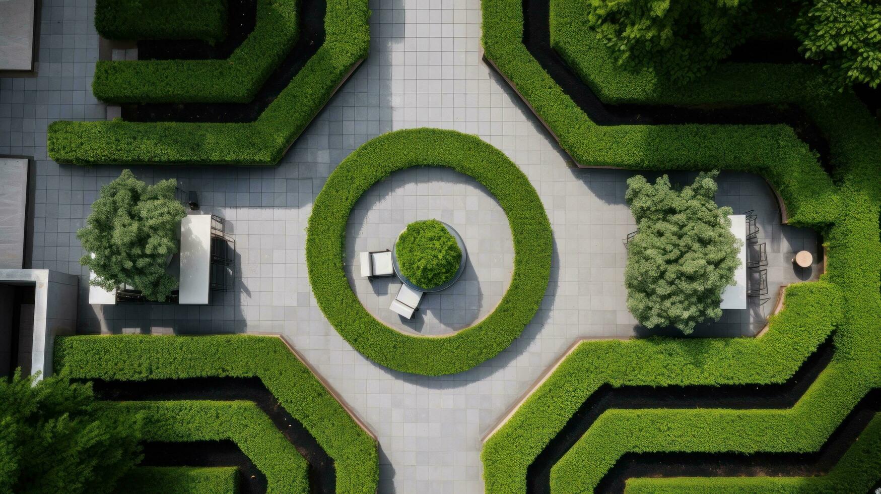 AI generated A stunning aerial shot of a modern garden design featuring a geometric pattern of hedges. photo