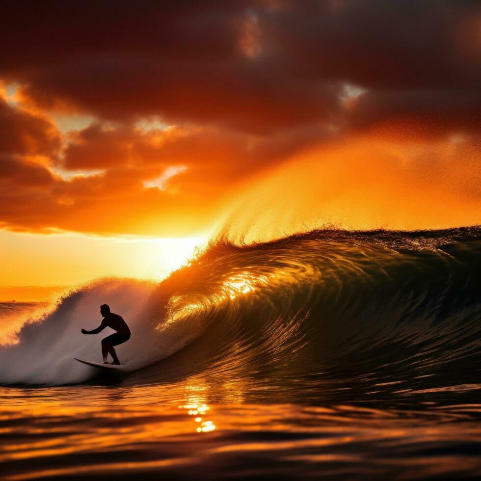 AI generated A surfer riding a wave in the ocean, with the sun setting behind them photo