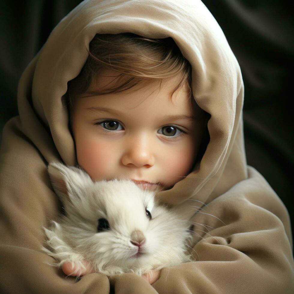 AI generated A sweet image of a child holding a baby bunny in their lap, the two of them snuggled up together photo