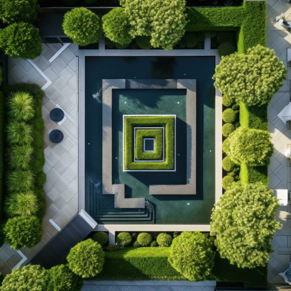 AI generated A stunning aerial shot of a modern garden design featuring a geometric pattern of hedges. photo