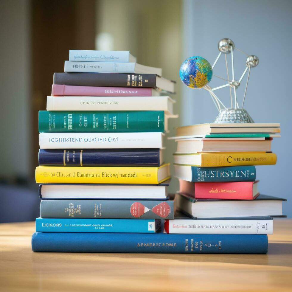 AI generated A stack of books with colorful spines, representing a variety of subjects and academic disciplines photo