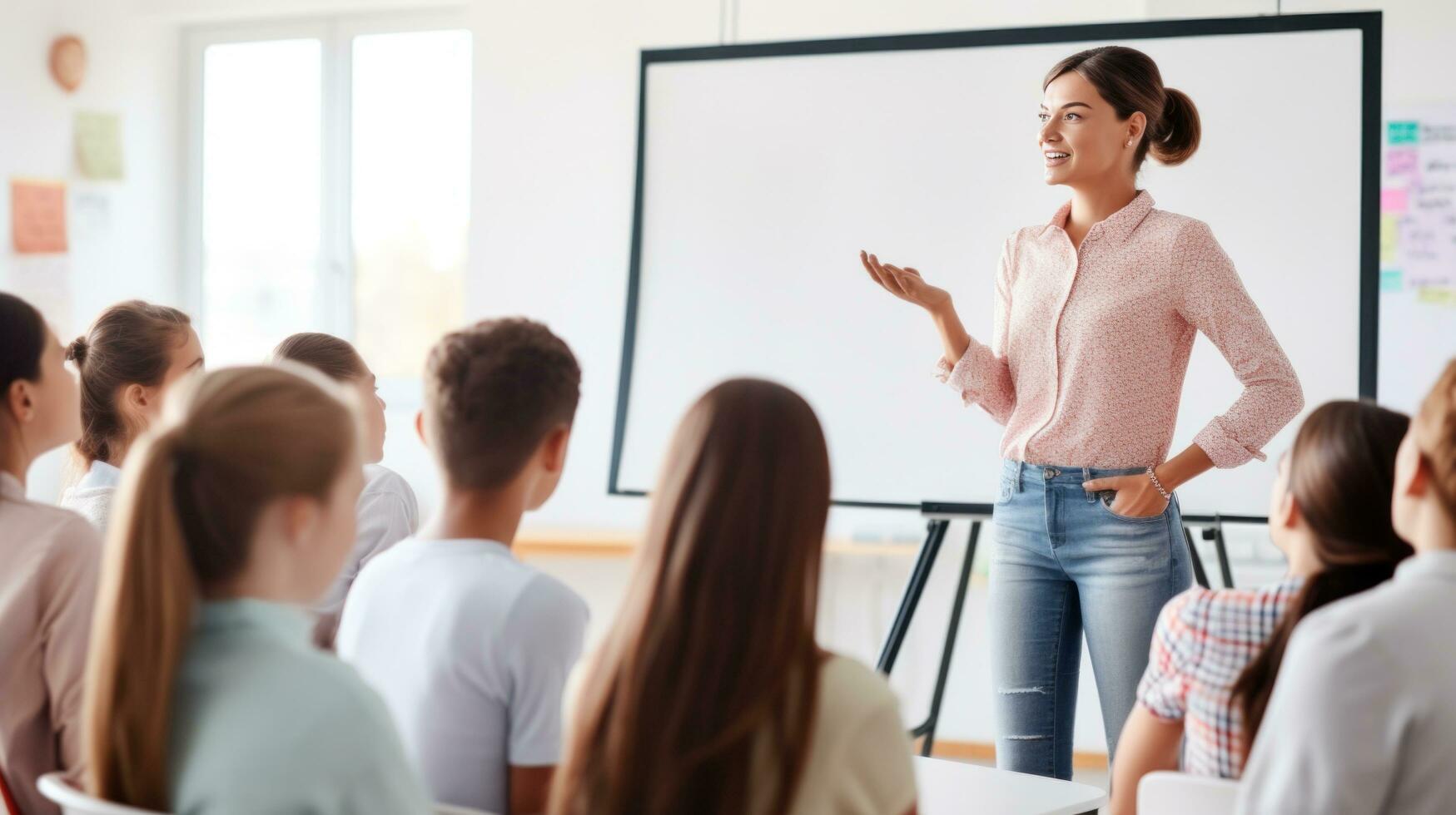 AI generated A teacher standing in front of a whiteboard explaining a concept to a classroom full of students photo