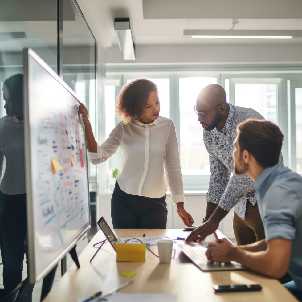 AI generated A team of coworkers brainstorming and writing on a whiteboard in a brightly lit office photo