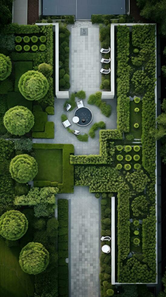 AI generated A stunning aerial shot of a modern garden design featuring a geometric pattern of hedges. photo