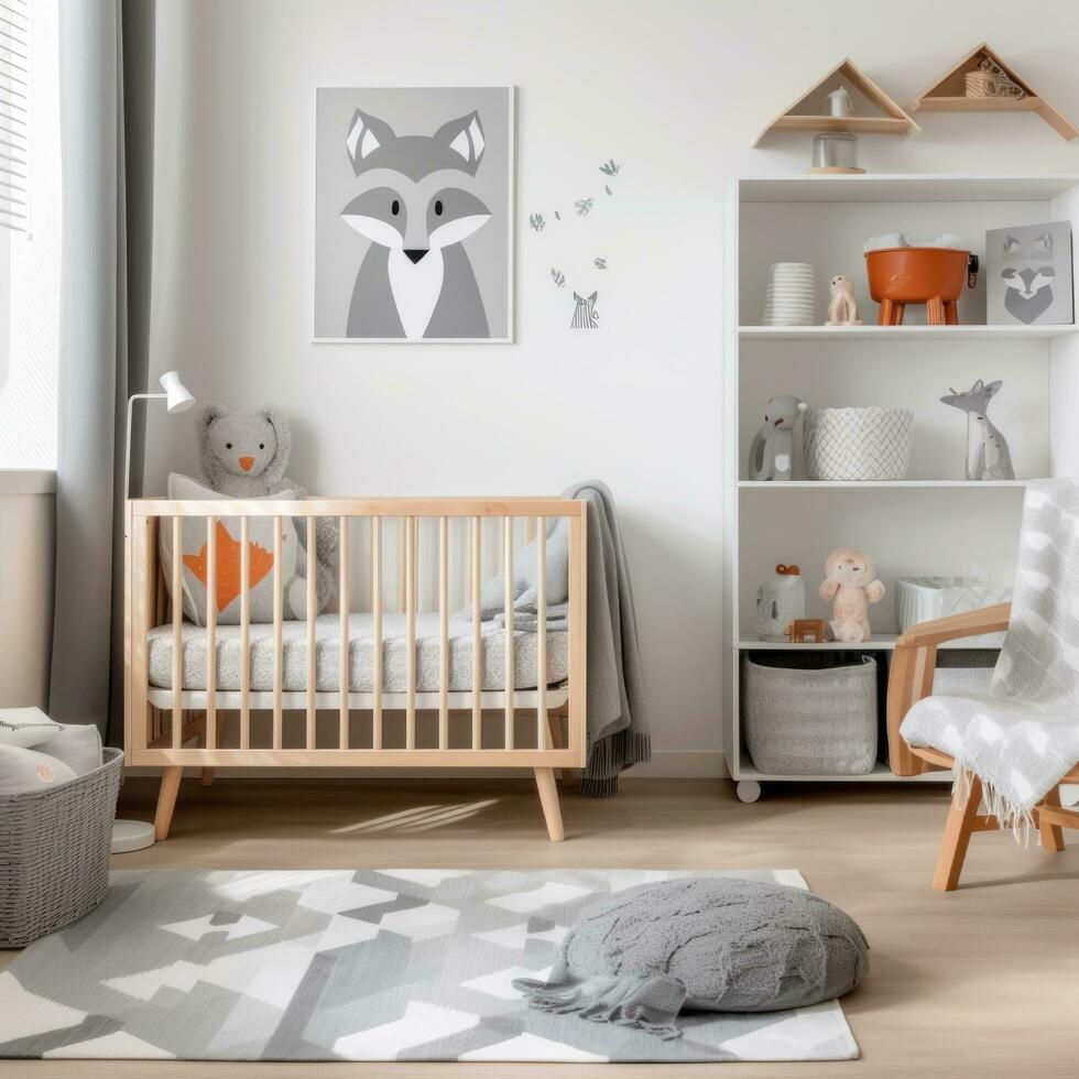 AI generated A stylish children's room with a gray and white color scheme, a wooden crib with a gray crib sheet photo