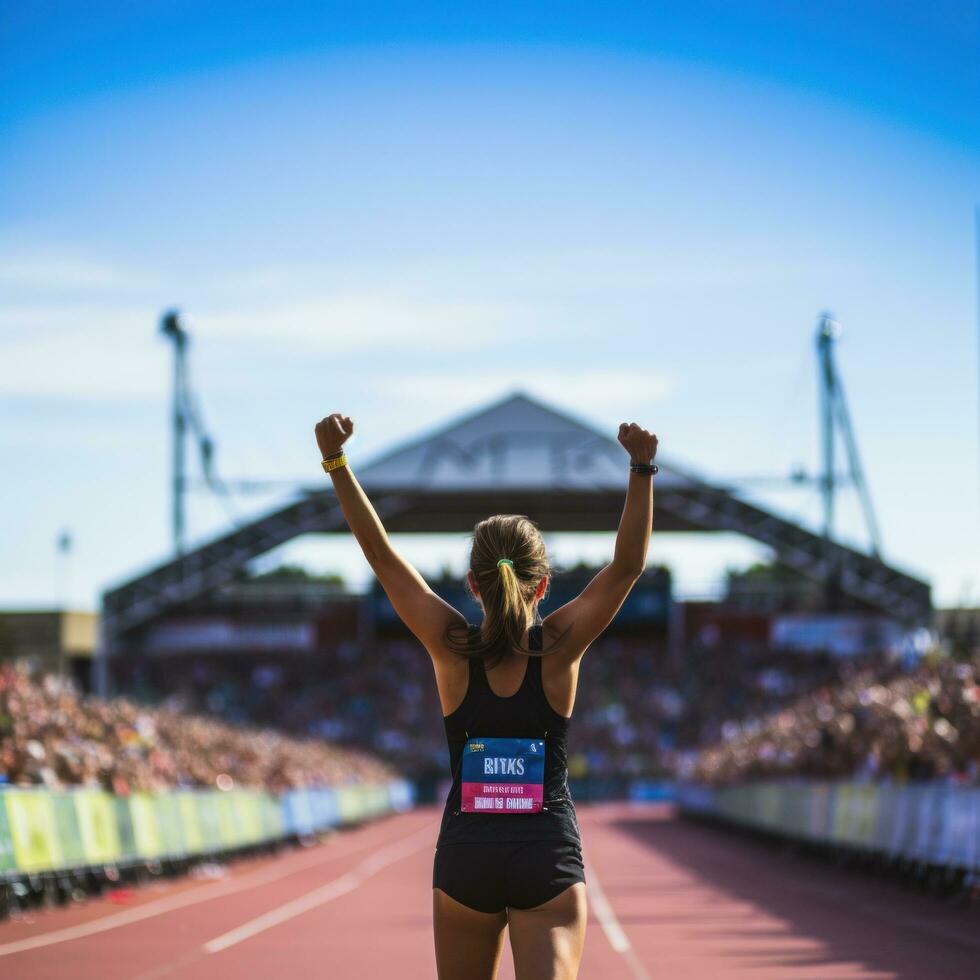 AI generated A runner crossing the finish line at a race, with a crowd cheering in the background photo