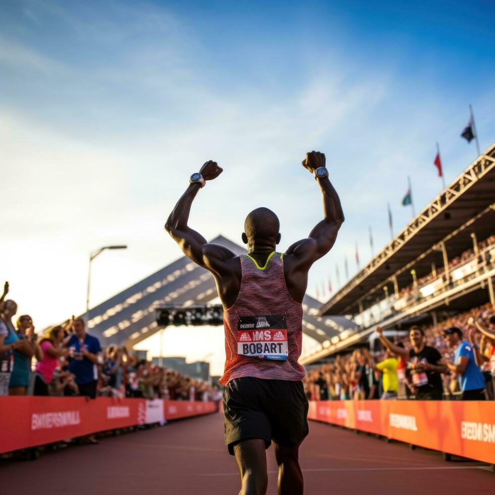 AI generated A runner crossing the finish line at a race, with a crowd cheering in the background photo