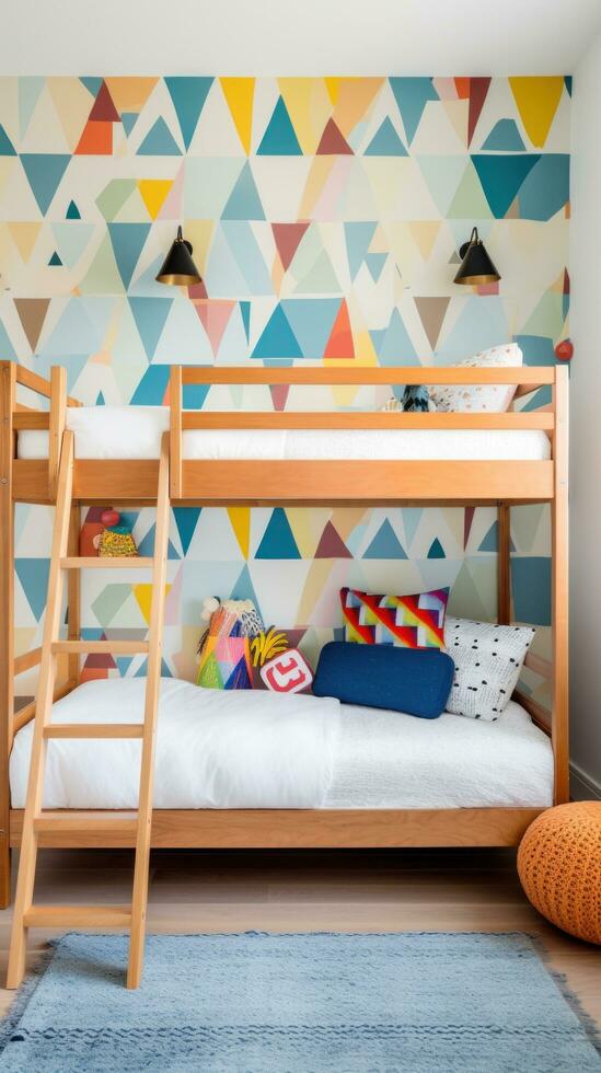 AI generated A playful children's room with a colorful wallpaper accent wall, a wooden bunk bed with a ladder photo