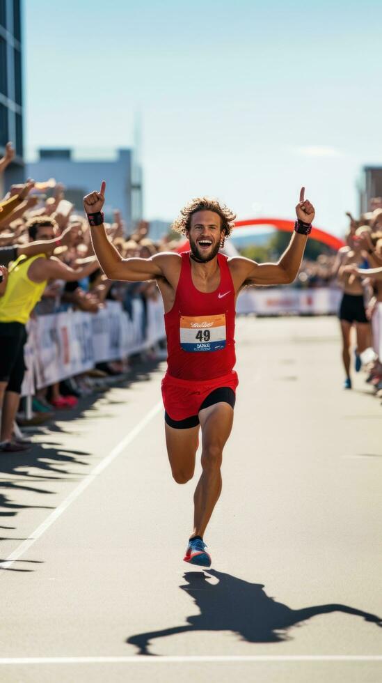 AI generated A runner crossing the finish line at a race, with a crowd cheering in the background photo