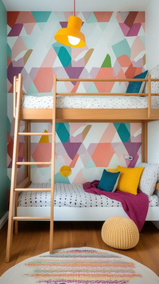 ai generado un juguetón para niños habitación con un vistoso fondo de pantalla acento muro, un de madera litera cama con un escalera foto